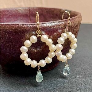 Gold Filled Drop Earrings with Freshwater Pearls and Aquamarine